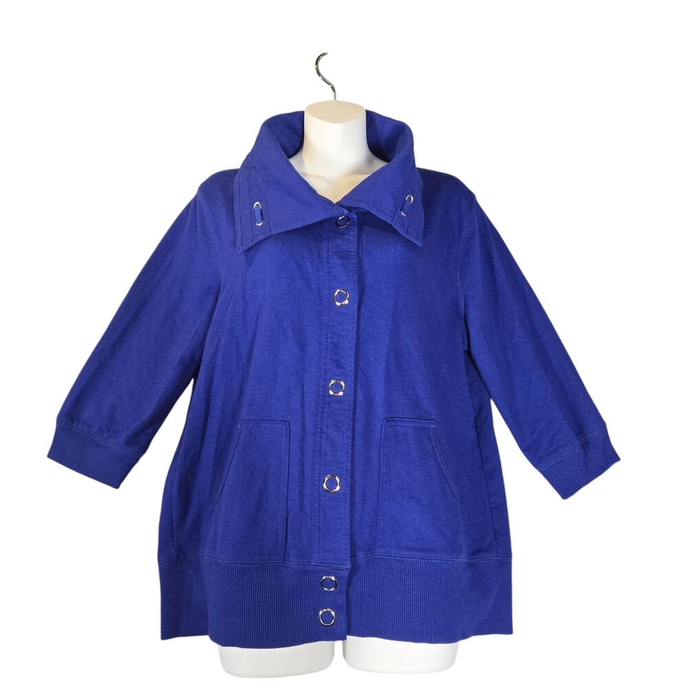 Passports Womens Large Blazer Cardigan Sweater Shirt Blue Snap Up Stretch Career